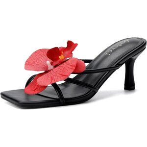 Women's Black Floral Kitten Heels Square Open Toe Flower Mule Mid Heels